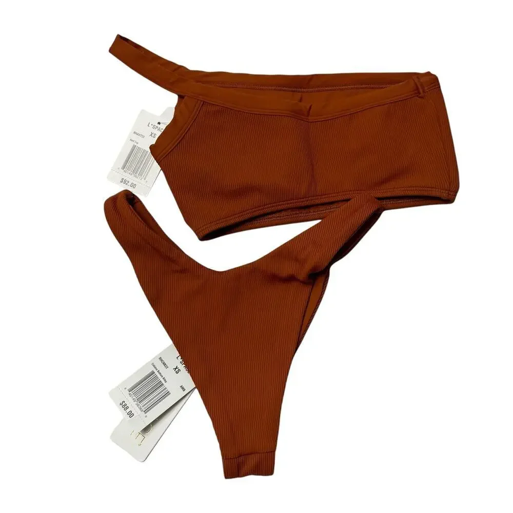 L*SPACE Axel Top Cabana Bottom Bitsy Bikini Amber Ribbed One Shoulder XS NEW - Picture 6 of 11
